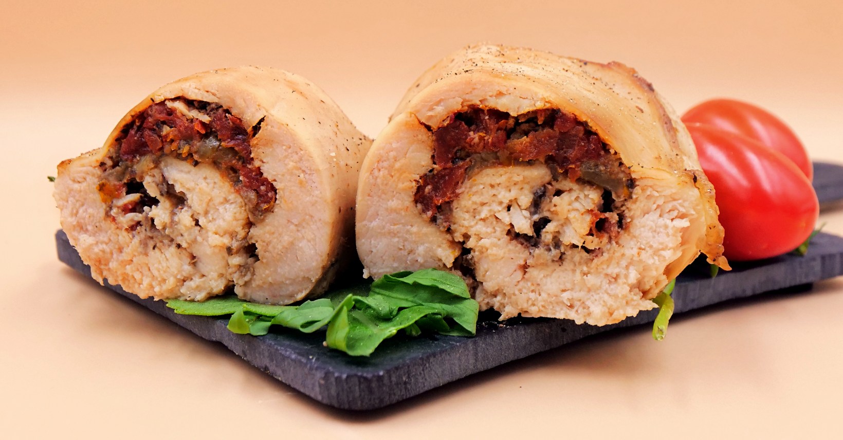 Chicken roulade stuffed with mushrooms and sundried tomatoes